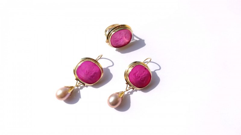 set of pink earrings and ring with cameos
