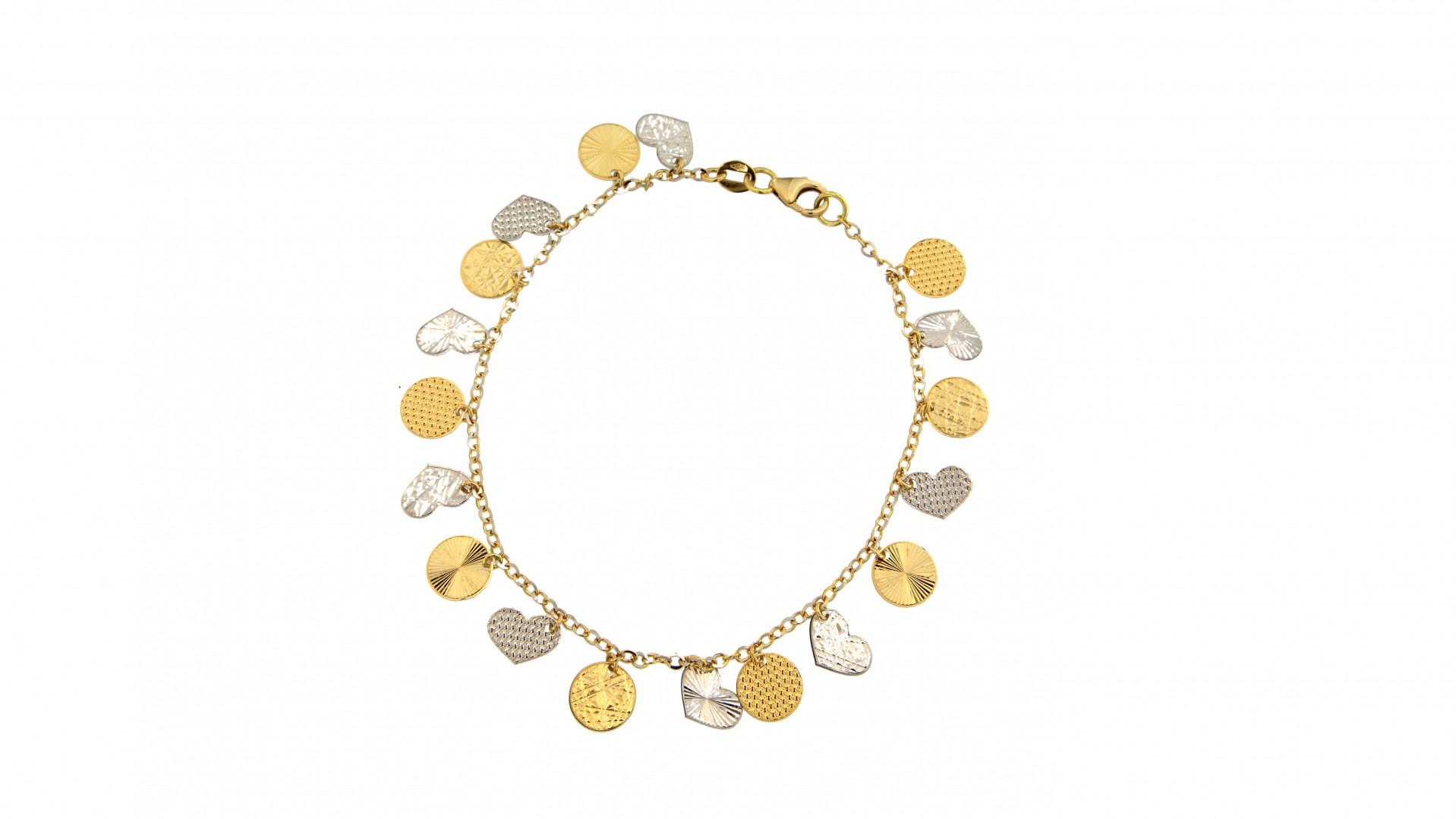 golden bracelet with circle and hearth shaped charms