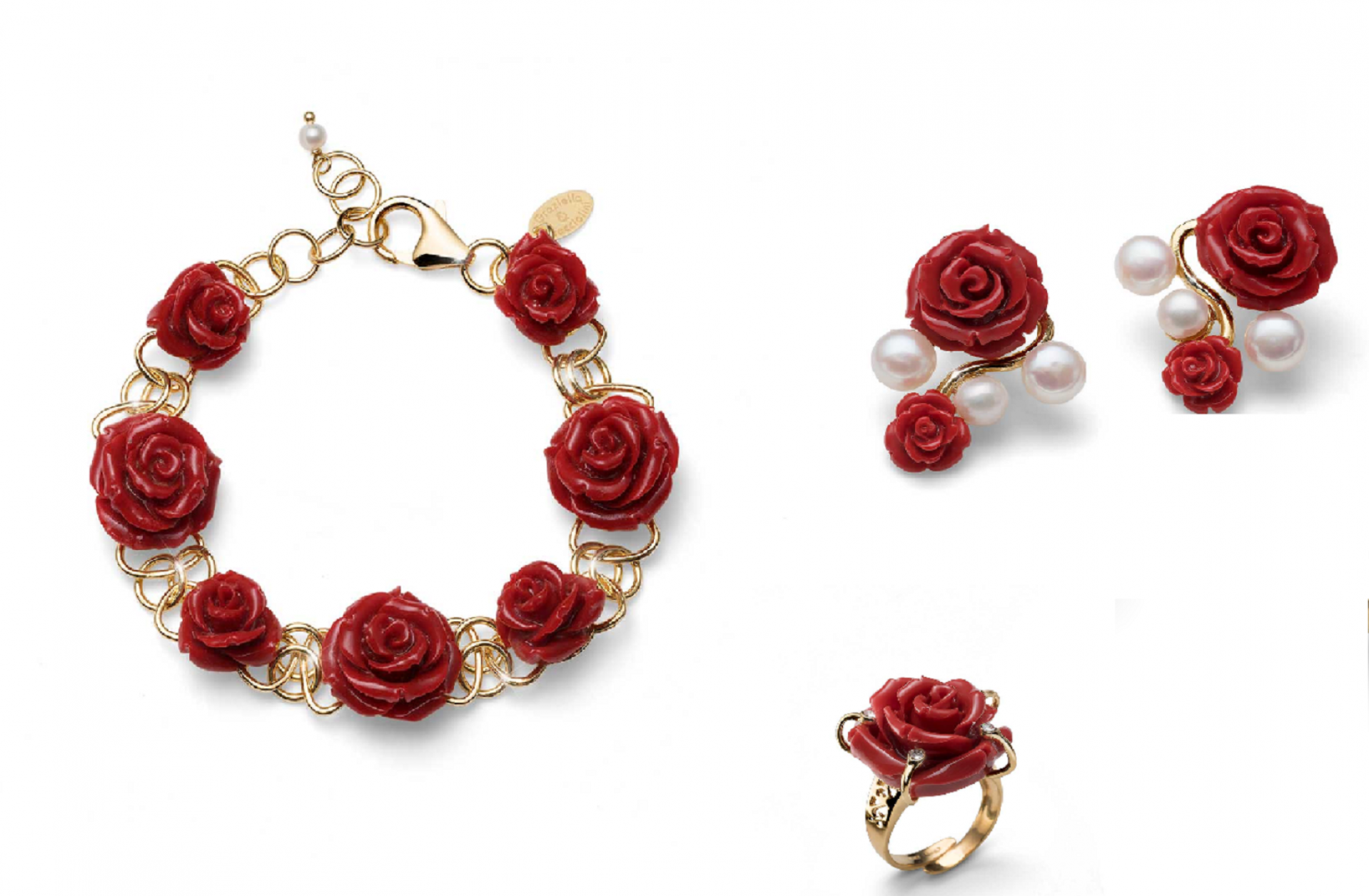 set of gold earrings, ring and bracelet with red roses and white pearls