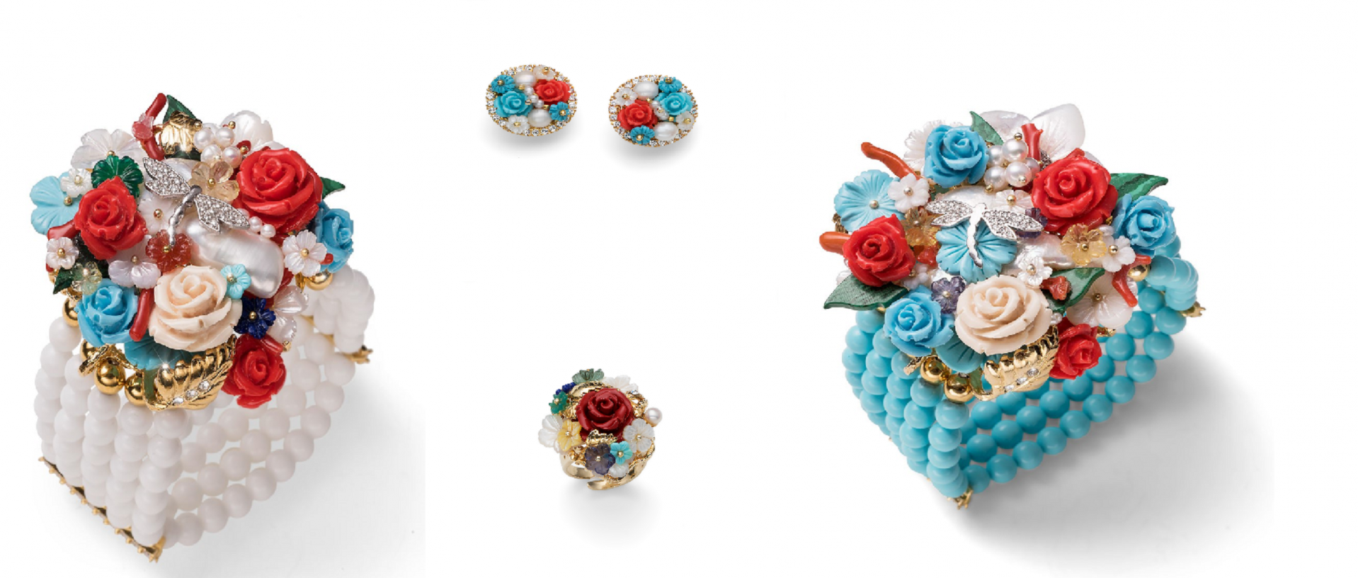 bracelets, ring and earrings with white and blue pearls and flower shaped details