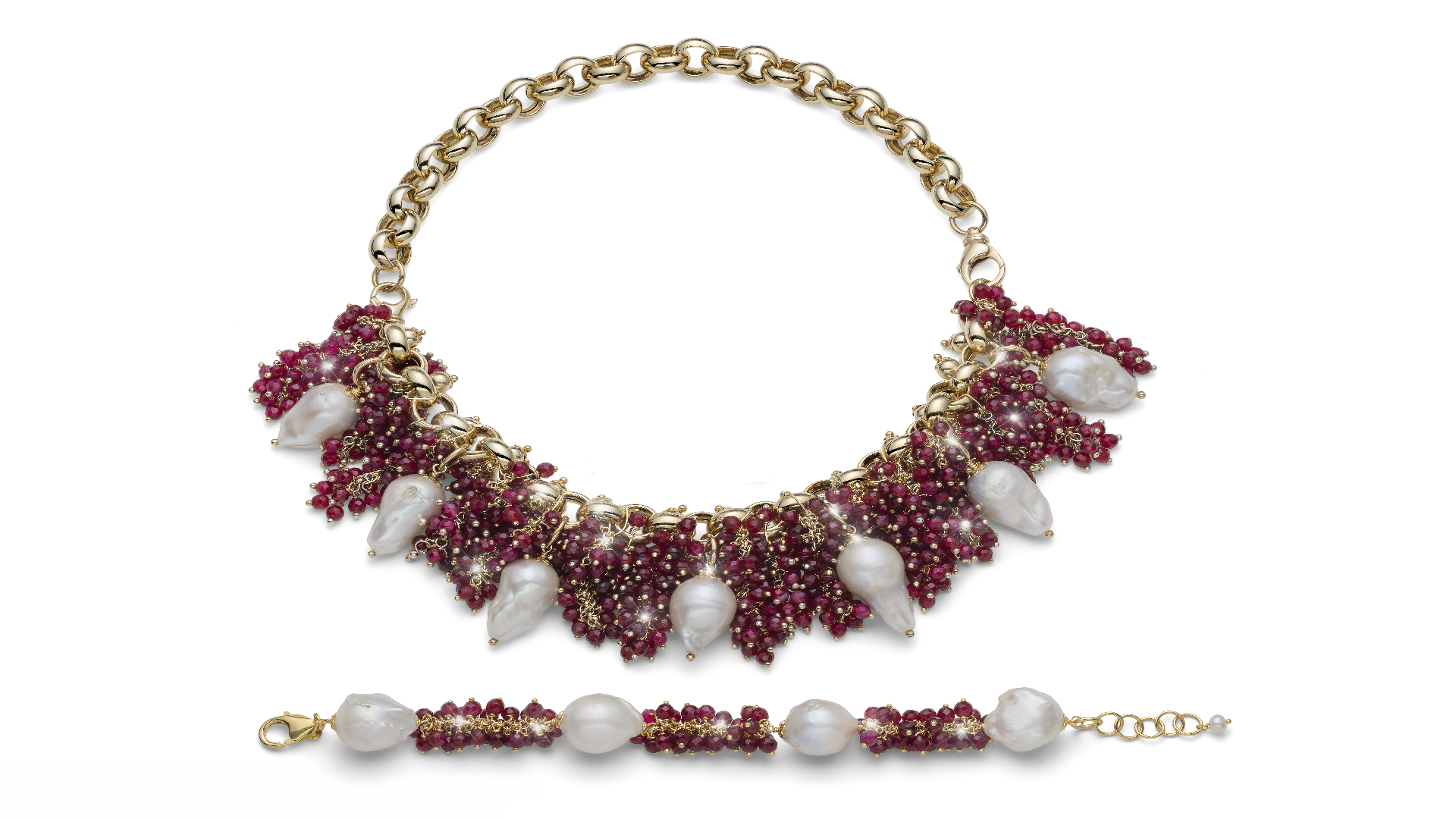 golden bracelet with red stones and white pearls