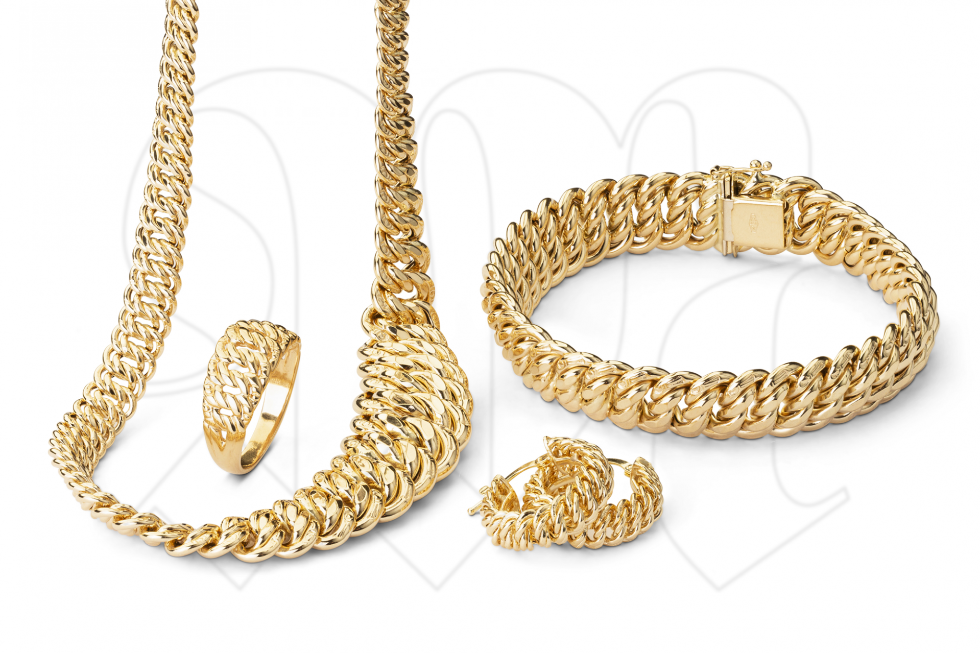 golden bracelet, ring, earrings and necklace