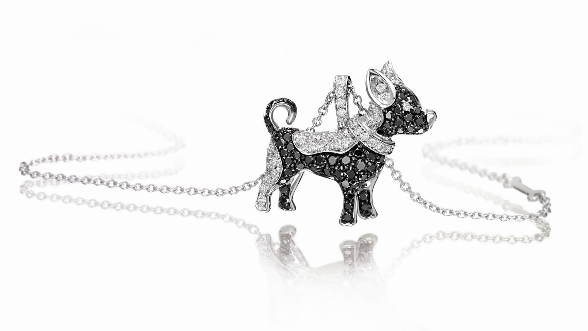 necklace with dog-shaped pendant and precious stones