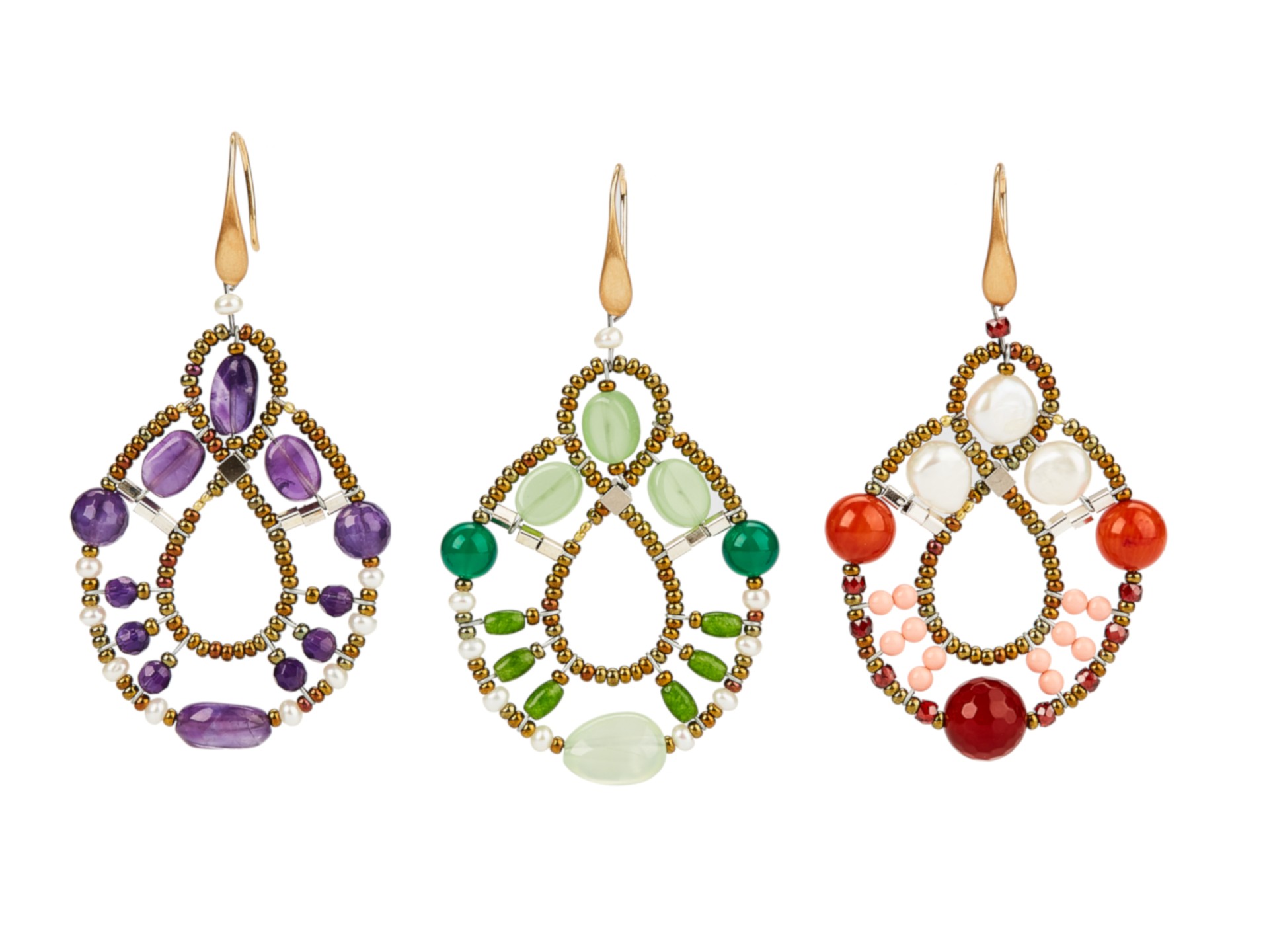 three colored earrings with purple, green and red stones